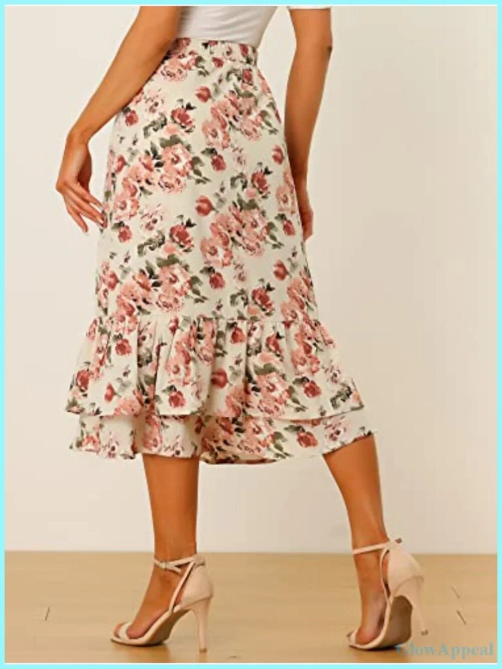 High Waist Floral Chiffon Ruffle Midi Skirt, Layered High Low Flowy with Hidden
